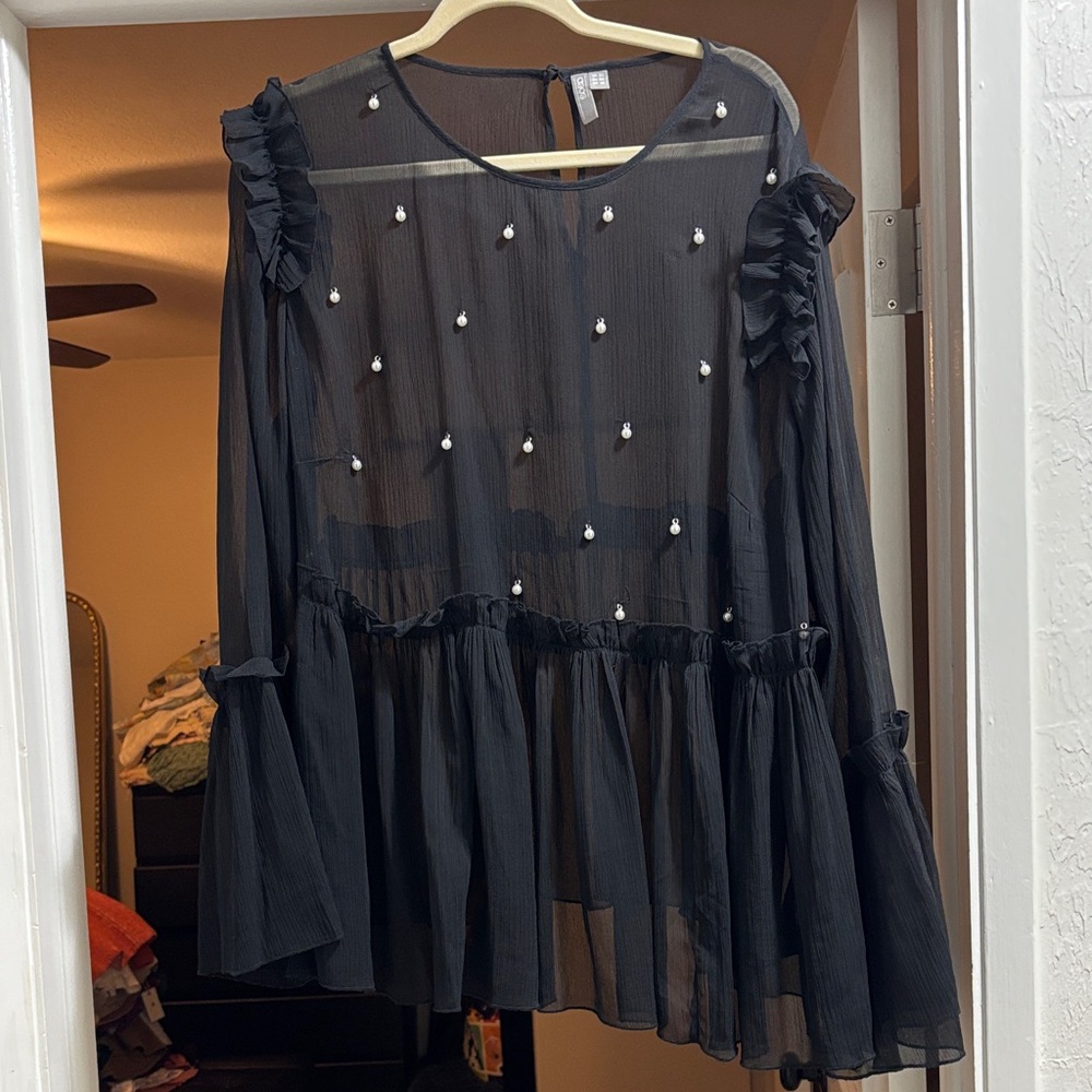 ASOS Black Sheer Blouse with Ruffles and Pearls